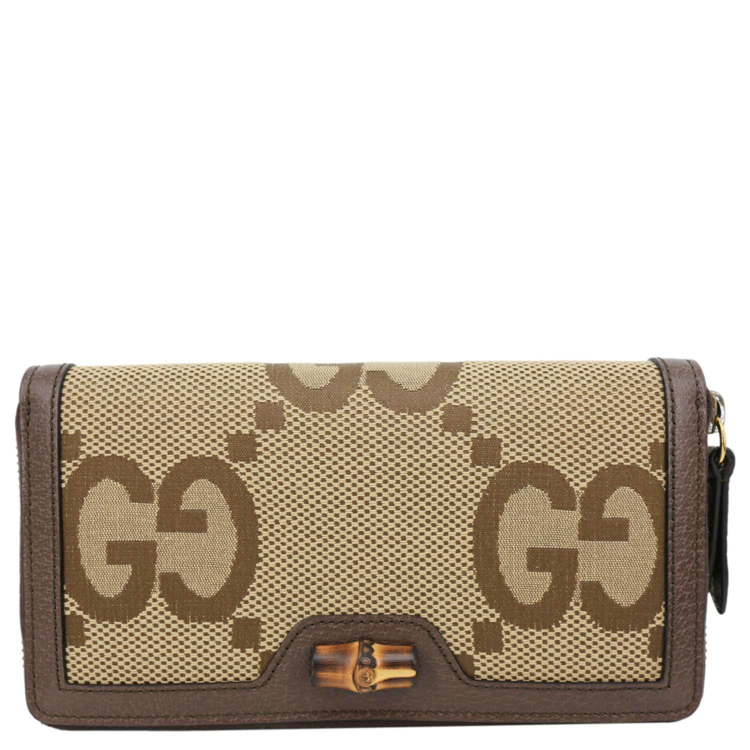 GUCCI Diana Bamboo GG Jumbo Canvas Continental Zip Around Wallet Beige 658634