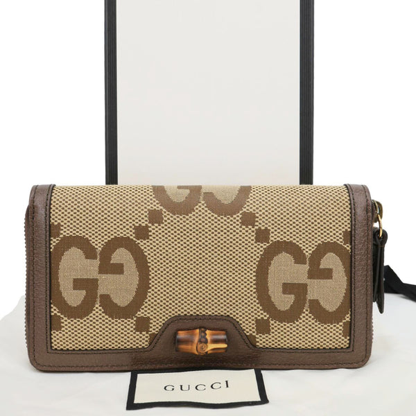 GUCCI Diana Bamboo GG Jumbo Canvas Continental Zip Around Wallet Beige 658634