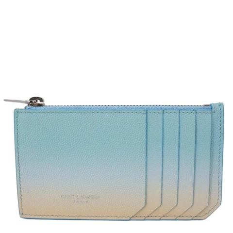 YVES SAINT LAURENT 5 Fragments Pebbled Leather Zip Card Case Blue