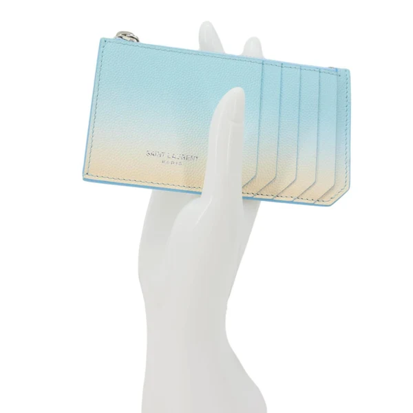 YVES SAINT LAURENT 5 Fragments Pebbled Leather Zip Card Case Blue