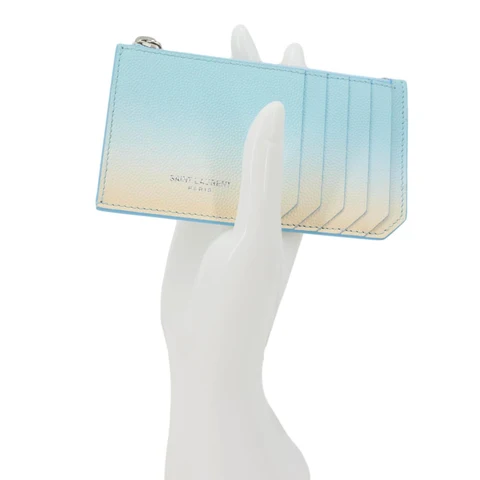 YVES SAINT LAURENT 5 Fragments Pebbled Leather Zip Card Case Blue