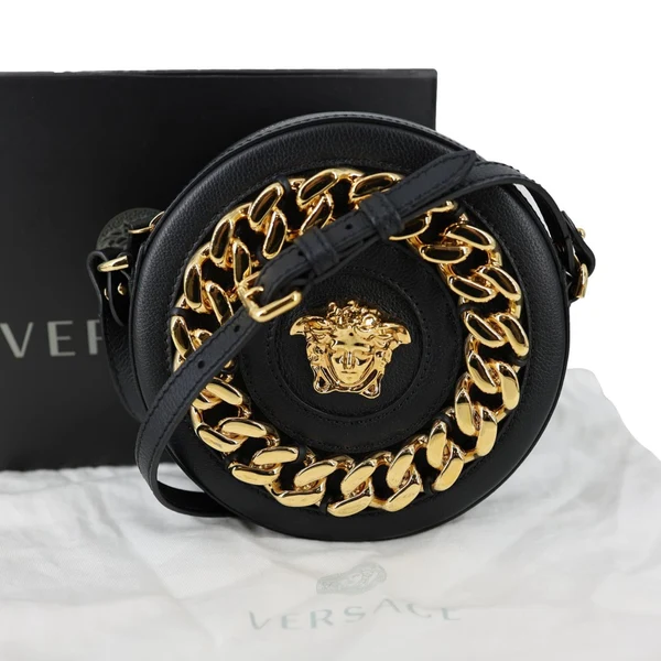 VERSACE La Medusa Mini Calfskin Leather Round Crossbody Bag Black