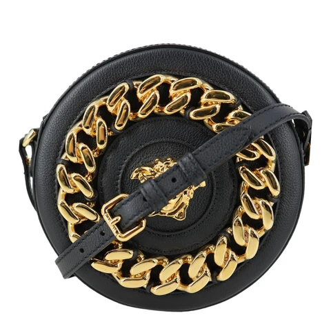 VERSACE La Medusa Mini Calfskin Leather Round Crossbody Bag Black