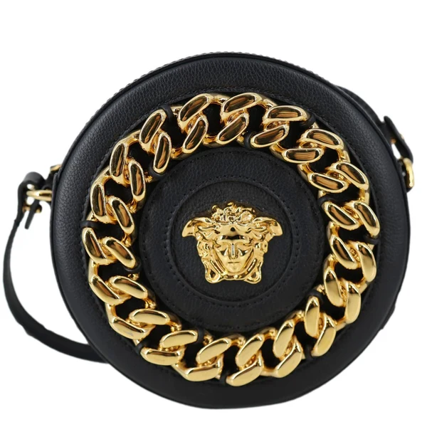 VERSACE La Medusa Mini Calfskin Leather Round Crossbody Bag Black