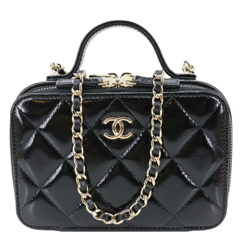 Chanel CC Double Zip Quilted Glazed Lambskin Leather Top Handle Vanity Case Black