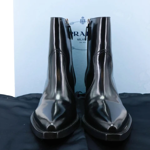 PRADA Hammer Leather Western Boots Black Size 36