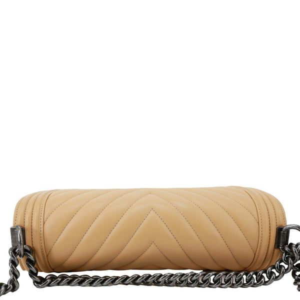 CHANEL Boy Flap Medium Chevron Calfskin Leather Chain Shoulder Bag Beige