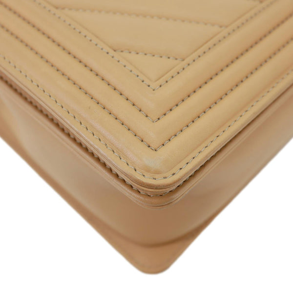 CHANEL Boy Flap Medium Chevron Calfskin Leather Chain Shoulder Bag Beige