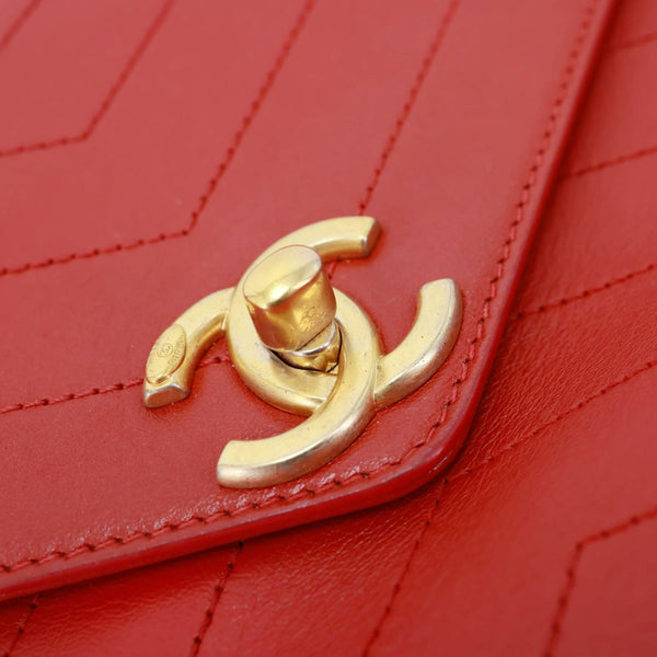 CHANEL Envelope Flap Lambskin Chevron Stitched Leather Crossbody Bag Red