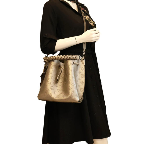 LOUIS VUITTON Muria Mahina Perforated Leather Shoulder Bucket Bag Silver