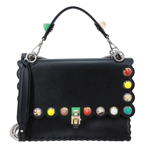 FENDI Kan I Studded Calfskin Scalloped Leather Shoulder Bag Black