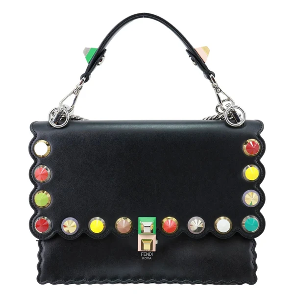 FENDI Kan I Studded Calfskin Scalloped Leather Shoulder Bag Black