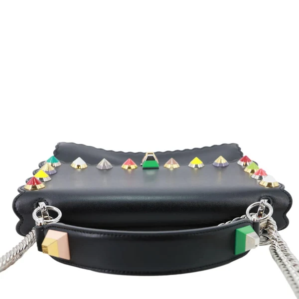 FENDI Kan I Studded Calfskin Scalloped Leather Shoulder Bag Black