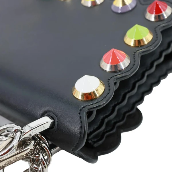 FENDI Kan I Studded Calfskin Scalloped Leather Shoulder Bag Black