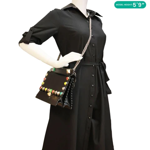 FENDI Kan I Studded Calfskin Scalloped Leather Shoulder Bag Black