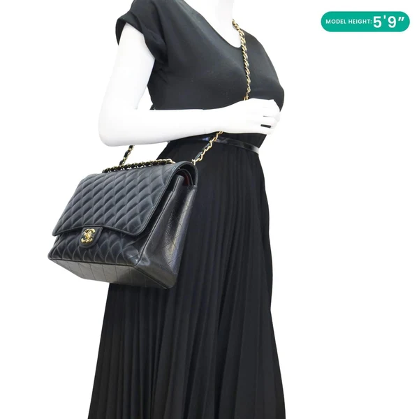 CHANEL Classic Double Flap Maxi Caviar Leather Shoulder Bag Black