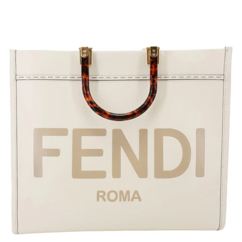 FENDI Sunshine Medium Leather Shopper Tote Bag Cream