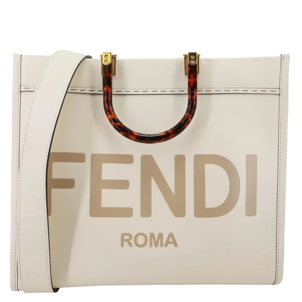 FENDI Sunshine Medium Leather Shopper Tote Bag Cream