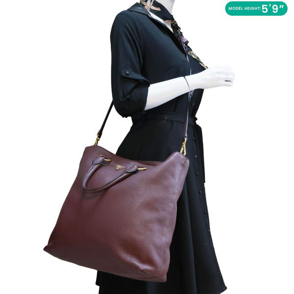 PRADA Vitello Daino Pebbled Calfskin Leather Shopping Tote Bag Burgundy
