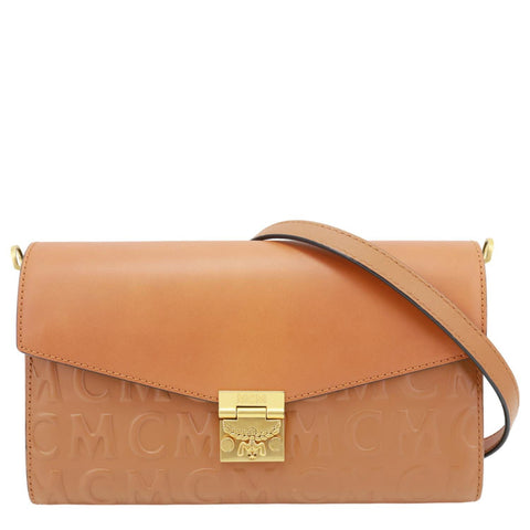 MCM Millie Flap Embossed Leather Wallet Shoulder Bag Cognac