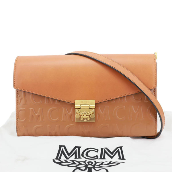 MCM Millie Flap Embossed Leather Wallet Shoulder Bag Cognac