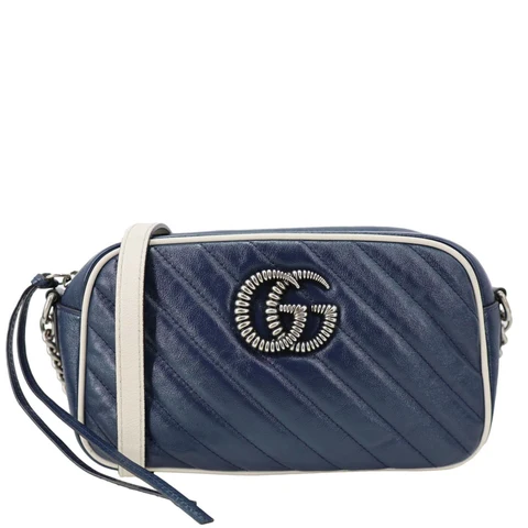 GUCCI GG Marmont Torchon Small Diagonal Calfskin Leather Camera Bag Navy Blue 447632