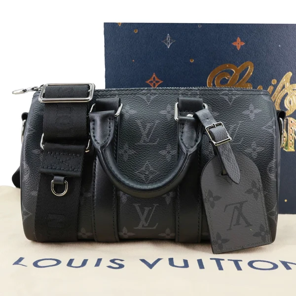 LOUIS VUITTON Keepall 25 Bandouliere Monogram Eclipse Reverse Canvas Crossbody Bag Black