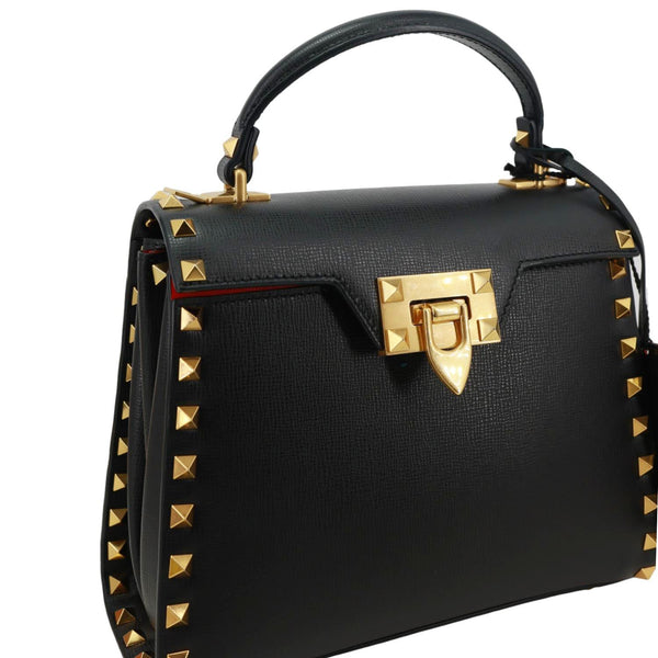 VALENTINO Garavani Rockstud Alcove Small Grainy Calfskin Leather Top Handle Shoulder Bag  Black