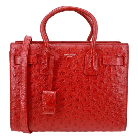 YVES SAINT LAURENT Sac De Jour Baby Ostrich Leather Tote Bag Red