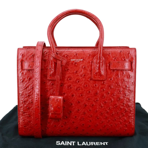 YVES SAINT LAURENT Sac De Jour Baby Ostrich Leather Tote Bag Red
