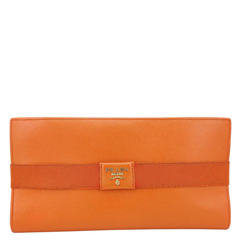 PRADA Ribbon Saffiano Leather Clutch Orange