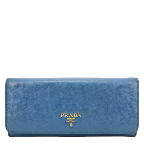 PRADA Continental Flap Saffiano Leather Wallet Blue