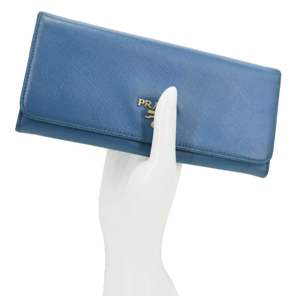 PRADA Continental Flap Saffiano Leather Wallet Blue