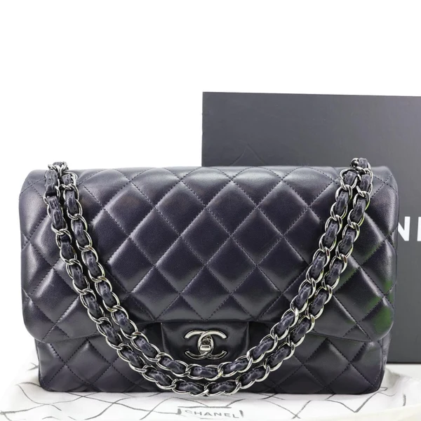 CHANEL Jumbo Classic Double Flap Quilted Lambskin Leather Shoulder Bag Navy Blue