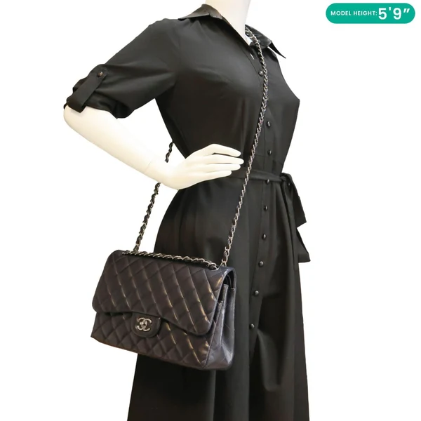 CHANEL Jumbo Classic Double Flap Quilted Lambskin Leather Shoulder Bag Navy Blue