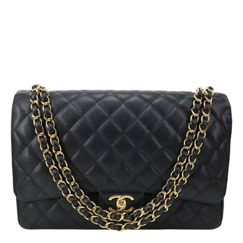 CHANEL Classic Double Flap Large Quilted  Caviar Leather Shoulder Bag Black