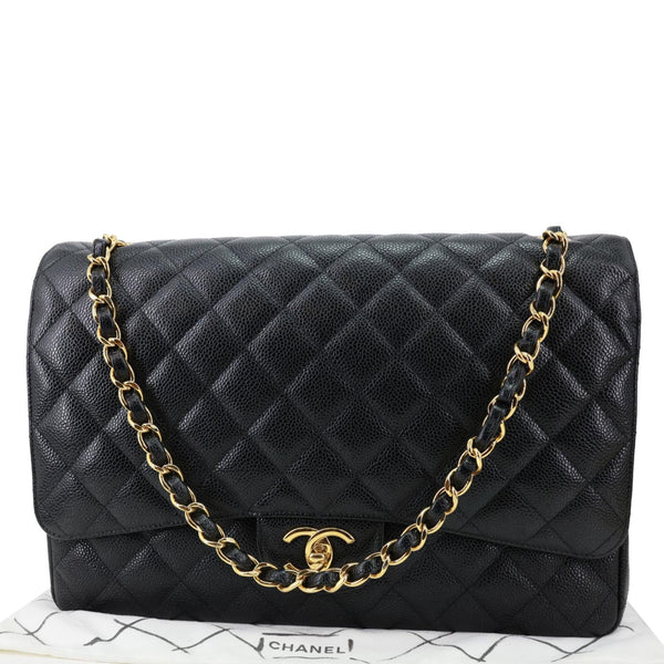 CHANEL Classic Double Flap Large Quilted  Caviar Leather Shoulder Bag Black