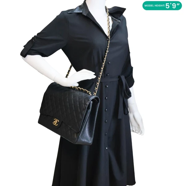 CHANEL Classic Double Flap Large Quilted  Caviar Leather Shoulder Bag Black