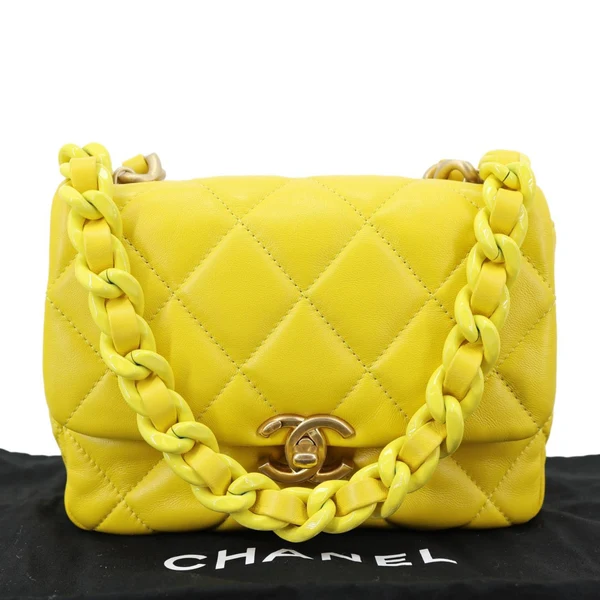 CHANEL CC Flap Candy Chain Mini Quilted Lambskin Leather Crossbody Bag Yellow