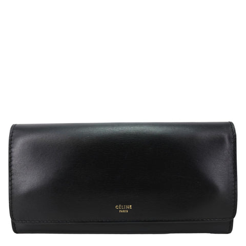 CELINE Logo Flap Large Leather Bifold Wallet Black