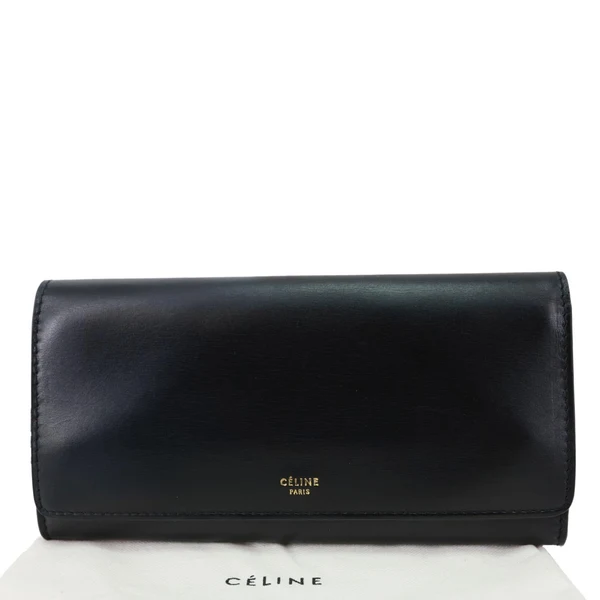 CELINE Logo Flap Large Leather Bifold Wallet Black