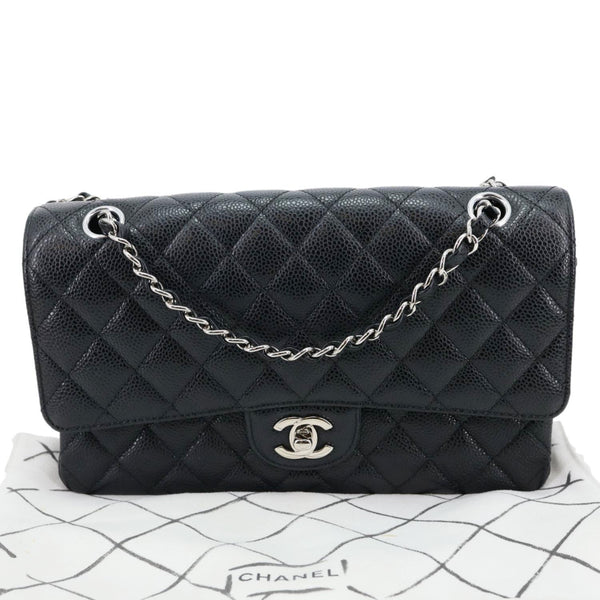 CHANEL Classic Double Flap Medium Quilted Caviar Leather Shoulder Bag Black