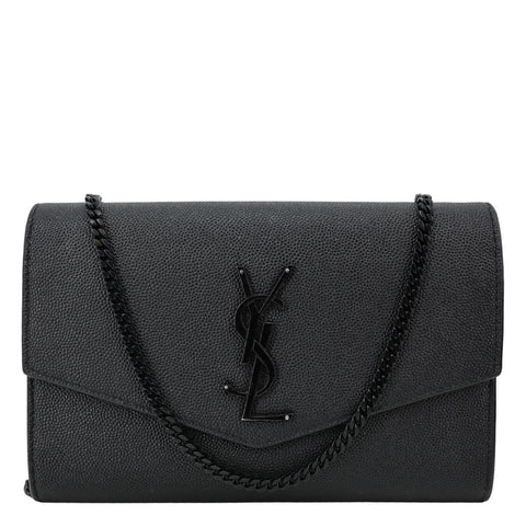 YVES SAINT LAURENT Uptown Envelope Grain De Poudre Leather Crossbody Chain Wallet Black