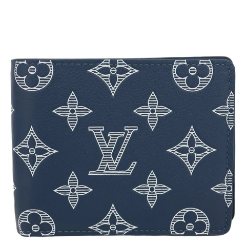 LOUIS VUITTON Porte Feuille Multiple Monogram Shadow Leather Mens Wallet Navy Blue