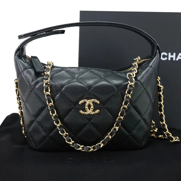 CHANEL CC Caviar Leather Clutch with Chain Hobo Bag Black