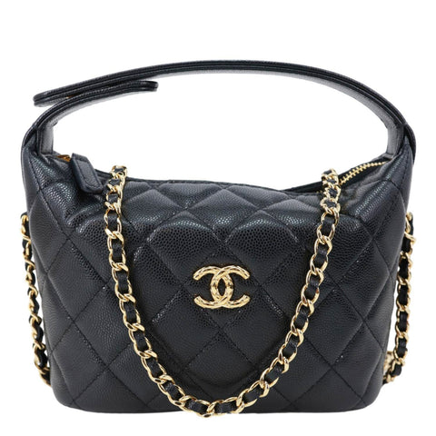 CHANEL CC Caviar Leather Clutch with Chain Hobo Bag Black