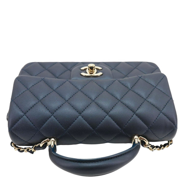 CHANEL Rectangular Flap Mini Quilted Lambskin Leather Top Handle Crossbody Bag Blue