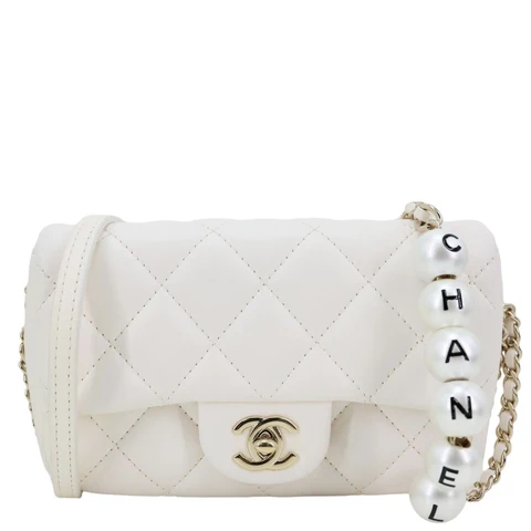 CHANEL My Precious Pearls Chain Flap Small Quilted Lambskin Leather Crossbody Bag White