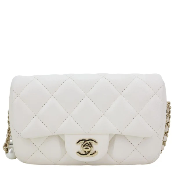 CHANEL My Precious Pearls Chain Flap Small Quilted Lambskin Leather Crossbody Bag White
