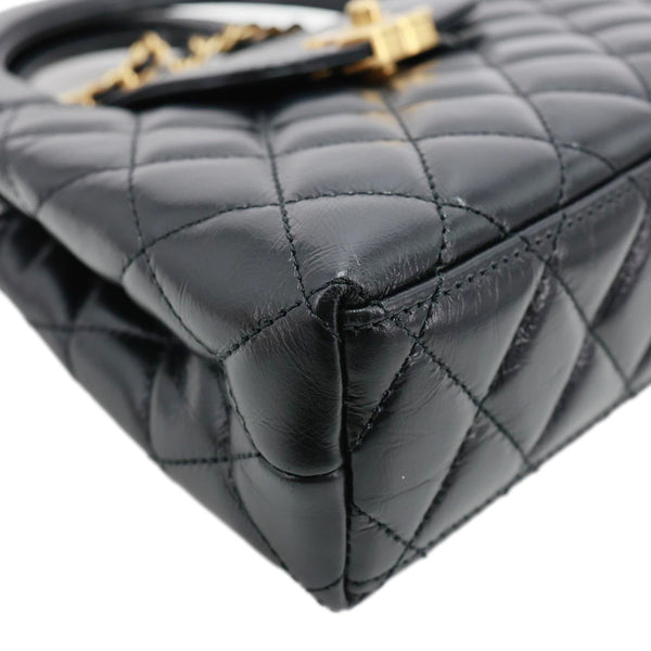 CHANEL Kelly Nano Quilted Aged Calfskin Leather Top Handle Shoulder Bag Black